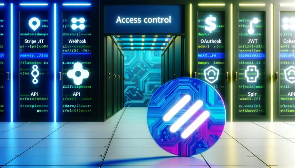 Visualisierung einer digitalen Zugangskontrolle mit leuchtendem Stripe-Token, gesichertem Serverraum und kryptografischen Symbolen wie API, Webhook, OAuth2 und Next.js in futuristischem Stil.