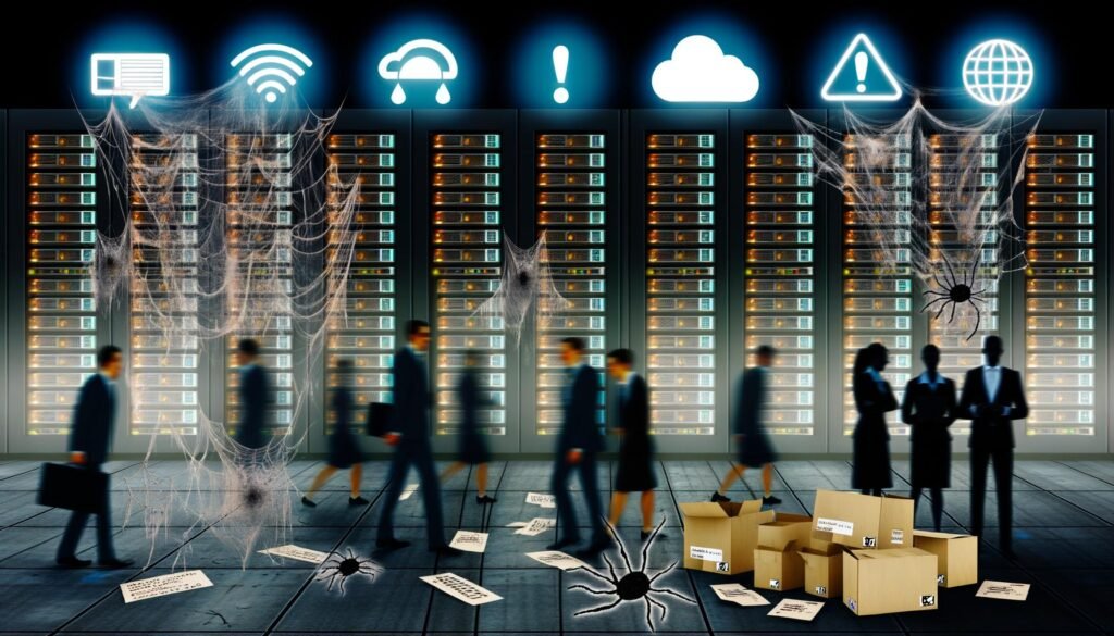 Dunkler Serverraum mit verstaubten Ordnern, digitalen Spinnweben und geschäftigen Geschäftsleuten vor farbenfrohen Cloud-Präsentationen, die veraltete und moderne Technologien gegenüberstellen.