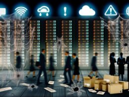 Dunkler Serverraum mit verstaubten Ordnern, digitalen Spinnweben und geschäftigen Geschäftsleuten vor farbenfrohen Cloud-Präsentationen, die veraltete und moderne Technologien gegenüberstellen.