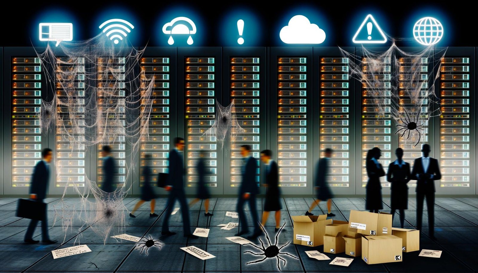 Dunkler Serverraum mit verstaubten Ordnern, digitalen Spinnweben und geschäftigen Geschäftsleuten vor farbenfrohen Cloud-Präsentationen, die veraltete und moderne Technologien gegenüberstellen.