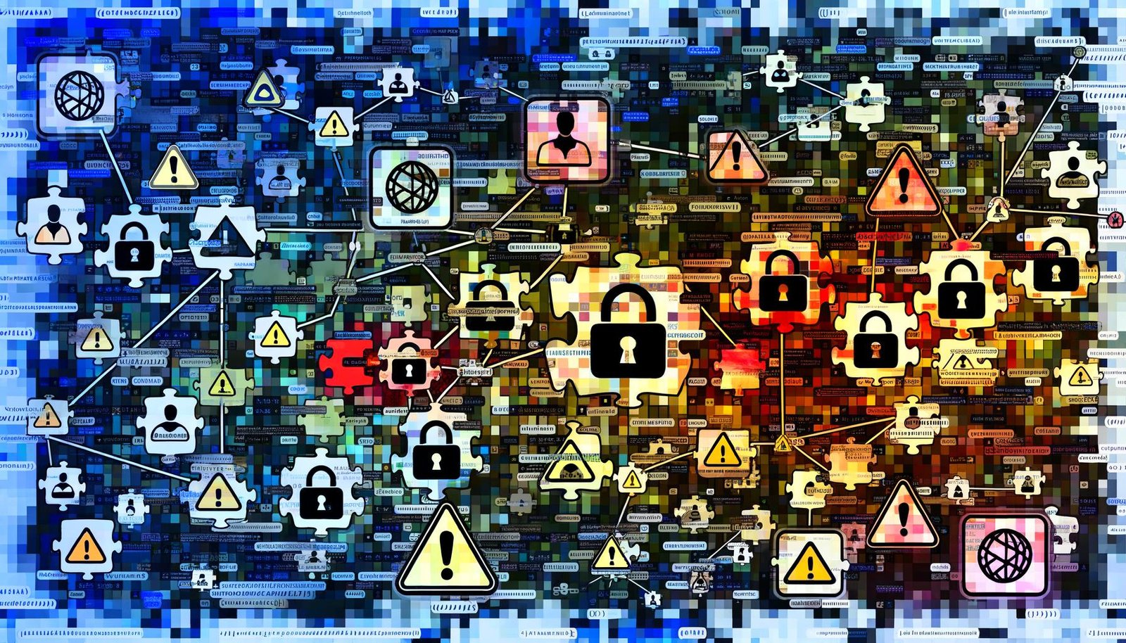 Digitale Illustration von zerfallenden, miteinander verbundenen Open-Source-Software-Puzzleteilen, umgeben von Hacker-Silhouetten, Warnzeichen und einem überforderten IT-Experten im Hintergrund.