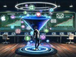 Nutzer mit VR-Brille navigiert in einem modernen Kontrollraum durch ein 3D-Sales-Funnel-Hologramm, umgeben von Marketing-Symbolen, Zahlungs-Icons und Echtzeit-Analysedaten.