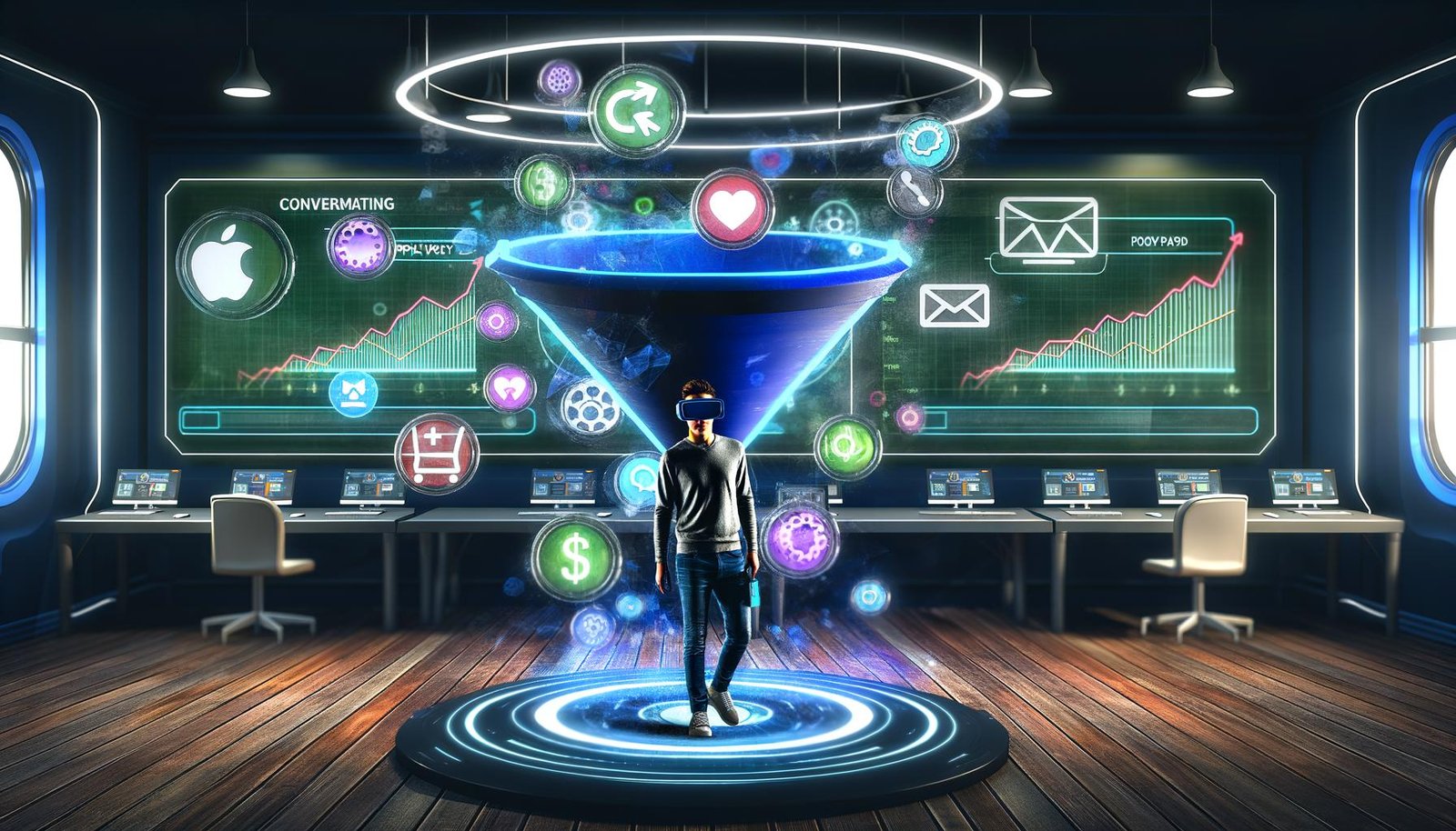Nutzer mit VR-Brille navigiert in einem modernen Kontrollraum durch ein 3D-Sales-Funnel-Hologramm, umgeben von Marketing-Symbolen, Zahlungs-Icons und Echtzeit-Analysedaten.