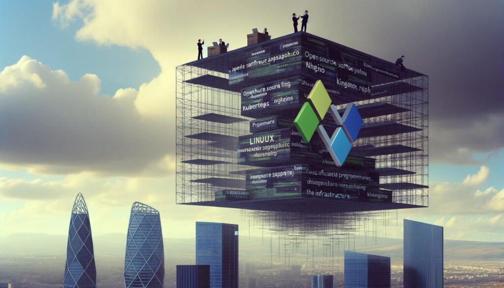 Metapher: Entwickler reparieren ein Skelett aus Open-Source-Software unter den glänzenden Bürogebäuden von Google, Amazon und Startups, während Geschäftsleute den Erfolg feiern