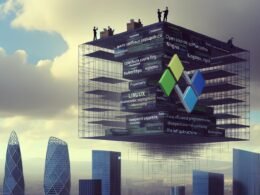 Metapher: Entwickler reparieren ein Skelett aus Open-Source-Software unter den glänzenden Bürogebäuden von Google, Amazon und Startups, während Geschäftsleute den Erfolg feiern