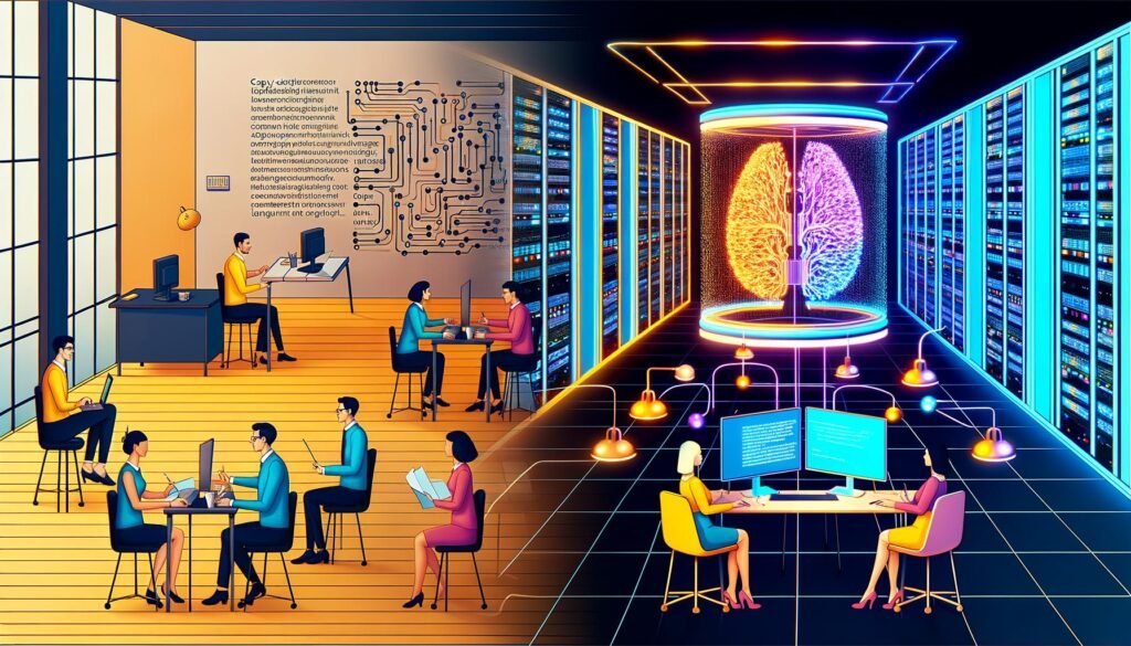 Illustration eines modernen Großraumbüros mit arbeitenden Copywritern und einem futuristischen Serverraum, verbunden durch ein schwebendes Large Language Model-Modul.
