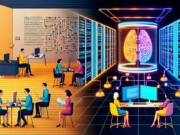 Illustration eines modernen Großraumbüros mit arbeitenden Copywritern und einem futuristischen Serverraum, verbunden durch ein schwebendes Large Language Model-Modul.