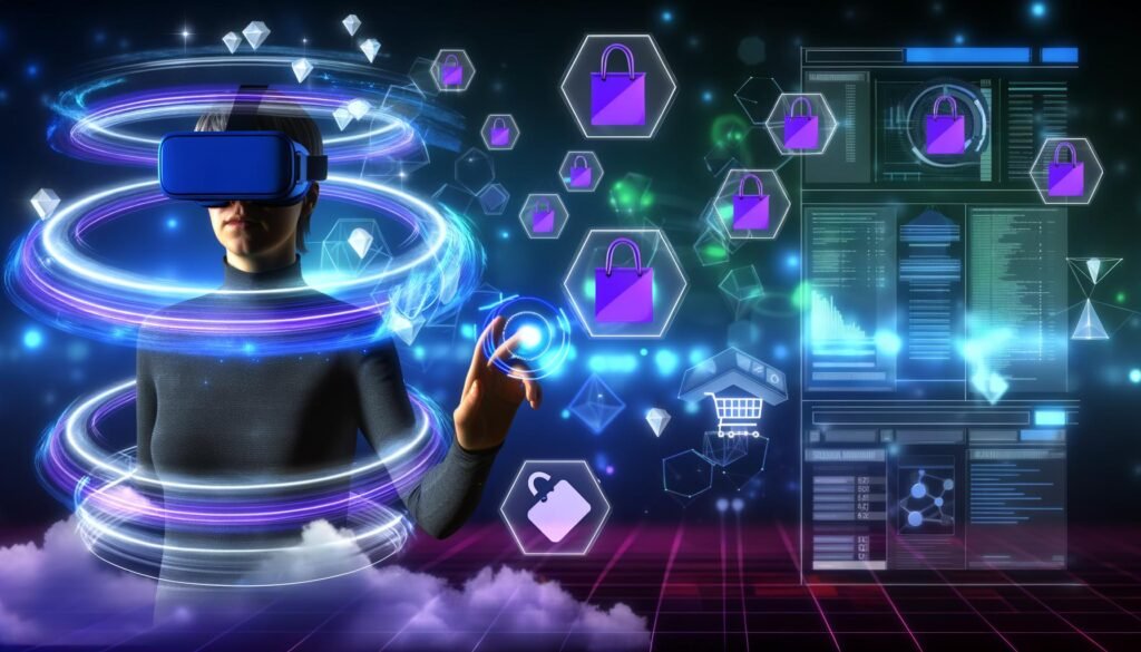 Futuristische Virtual-Reality-Umgebung mit Avatar, VR-Headset, schwebenden 3D-Produkten und Stripe-Zahlungs-Overlay sowie Analytik- und Codeelementen im Hintergrund.
