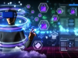 Futuristische Virtual-Reality-Umgebung mit Avatar, VR-Headset, schwebenden 3D-Produkten und Stripe-Zahlungs-Overlay sowie Analytik- und Codeelementen im Hintergrund.