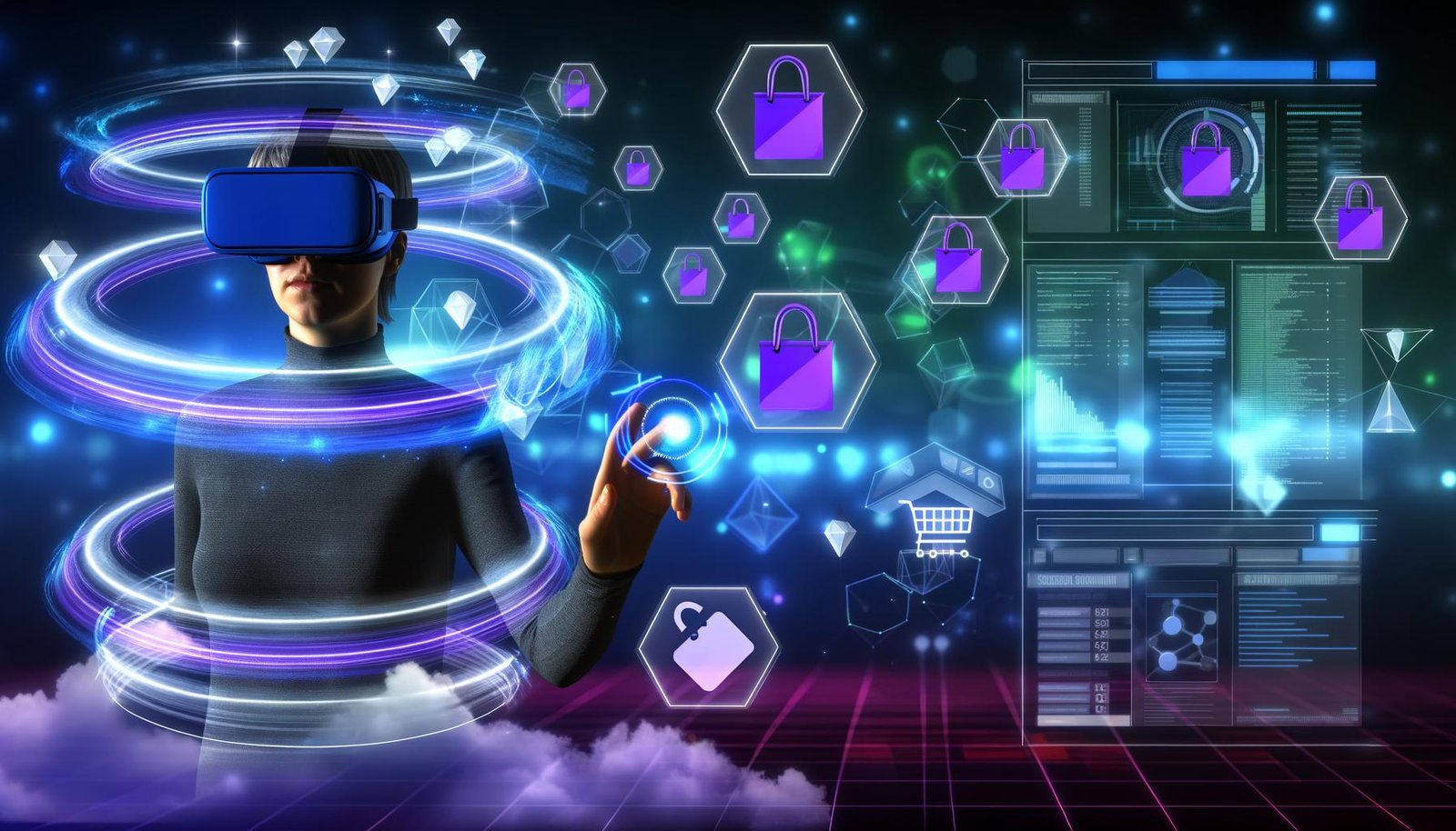 Futuristische Virtual-Reality-Umgebung mit Avatar, VR-Headset, schwebenden 3D-Produkten und Stripe-Zahlungs-Overlay sowie Analytik- und Codeelementen im Hintergrund.