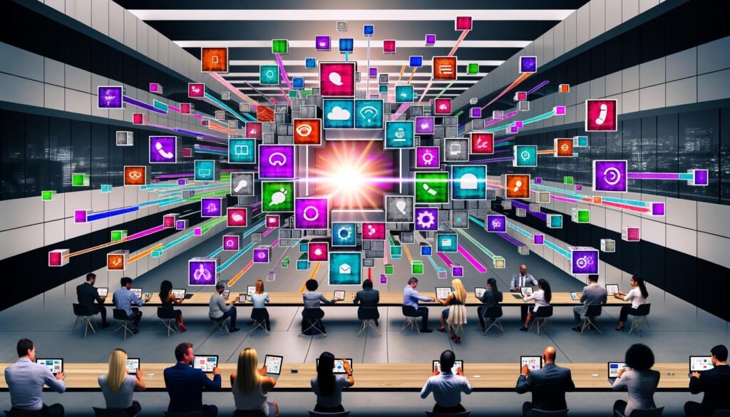 Dynamisches, modernes Büro mit verschiedenen Personen aus unterschiedlichen Abteilungen, die über Tablets, Laptops, Smartphones und Smartwatches vernetzt arbeiten. In der Mitte leuchtet ein zentrales Content-Hub-Interface, das bunte Datenströme spielerisch auf mehrere digitale Touchpoints verteilt.