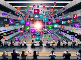 Dynamisches, modernes Büro mit verschiedenen Personen aus unterschiedlichen Abteilungen, die über Tablets, Laptops, Smartphones und Smartwatches vernetzt arbeiten. In der Mitte leuchtet ein zentrales Content-Hub-Interface, das bunte Datenströme spielerisch auf mehrere digitale Touchpoints verteilt.