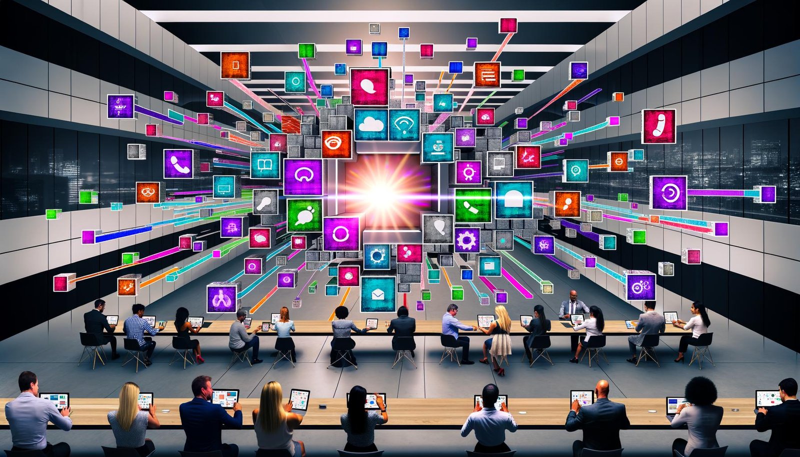 Dynamisches, modernes Büro mit verschiedenen Personen aus unterschiedlichen Abteilungen, die über Tablets, Laptops, Smartphones und Smartwatches vernetzt arbeiten. In der Mitte leuchtet ein zentrales Content-Hub-Interface, das bunte Datenströme spielerisch auf mehrere digitale Touchpoints verteilt.