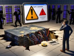 Serverraum mit instabilem Fundament aus GitHub- und Open Source-Logos voller Risse, eine besorgte Businessperson und hektische Silhouetten, die die Schäden notdürftig reparieren. Großes Warnzeichen auf einem Laptop-Bildschirm.