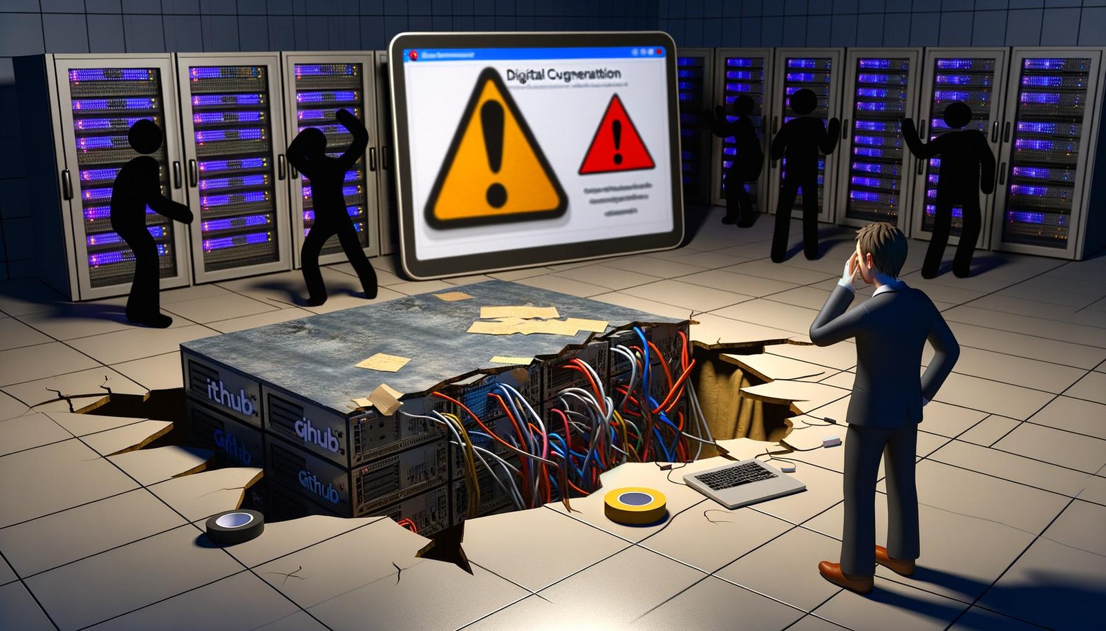 Serverraum mit instabilem Fundament aus GitHub- und Open Source-Logos voller Risse, eine besorgte Businessperson und hektische Silhouetten, die die Schäden notdürftig reparieren. Großes Warnzeichen auf einem Laptop-Bildschirm.