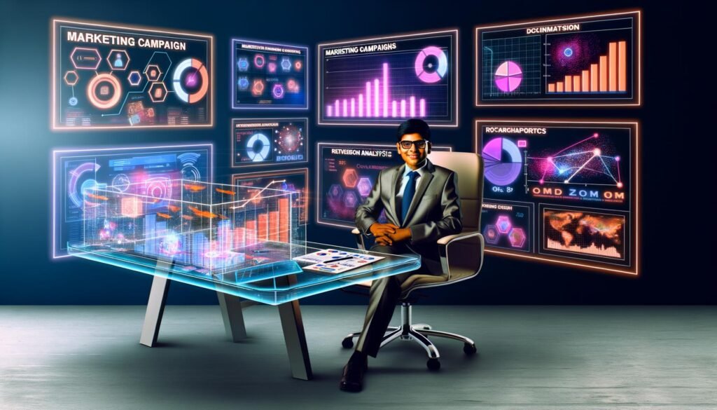 Futuristisch gestalteter Arbeitsplatz mit Marketer am transparenten Schreibtisch, umgeben von holografischen Bildschirmen mit Marketinganalysen und kreativen Elementen.