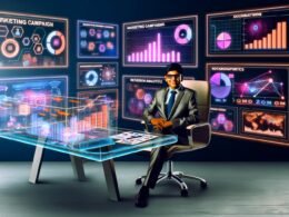 Futuristisch gestalteter Arbeitsplatz mit Marketer am transparenten Schreibtisch, umgeben von holografischen Bildschirmen mit Marketinganalysen und kreativen Elementen.