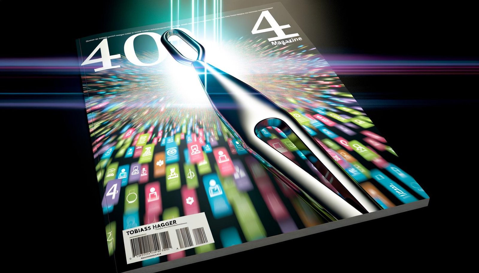 Futuristisches Skalpell schneidet chaotische Marketing-Botschaften, geordnete Datenströme und bunte demografische Icons im Hintergrund