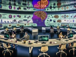 Futuristisches Open-Plan-Marketingbüro mit digitalen Bildschirmen, einem KI-Hologramm in Gehirnform und arbeitenden Fachkräften aus Marketing, Text und Data Science.