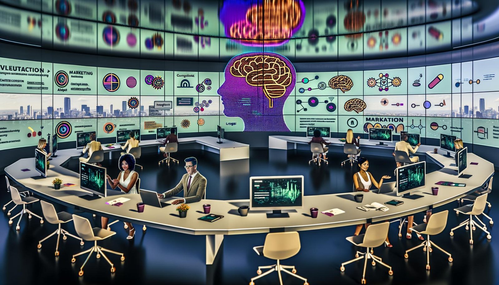 Futuristisches Open-Plan-Marketingbüro mit digitalen Bildschirmen, einem KI-Hologramm in Gehirnform und arbeitenden Fachkräften aus Marketing, Text und Data Science.