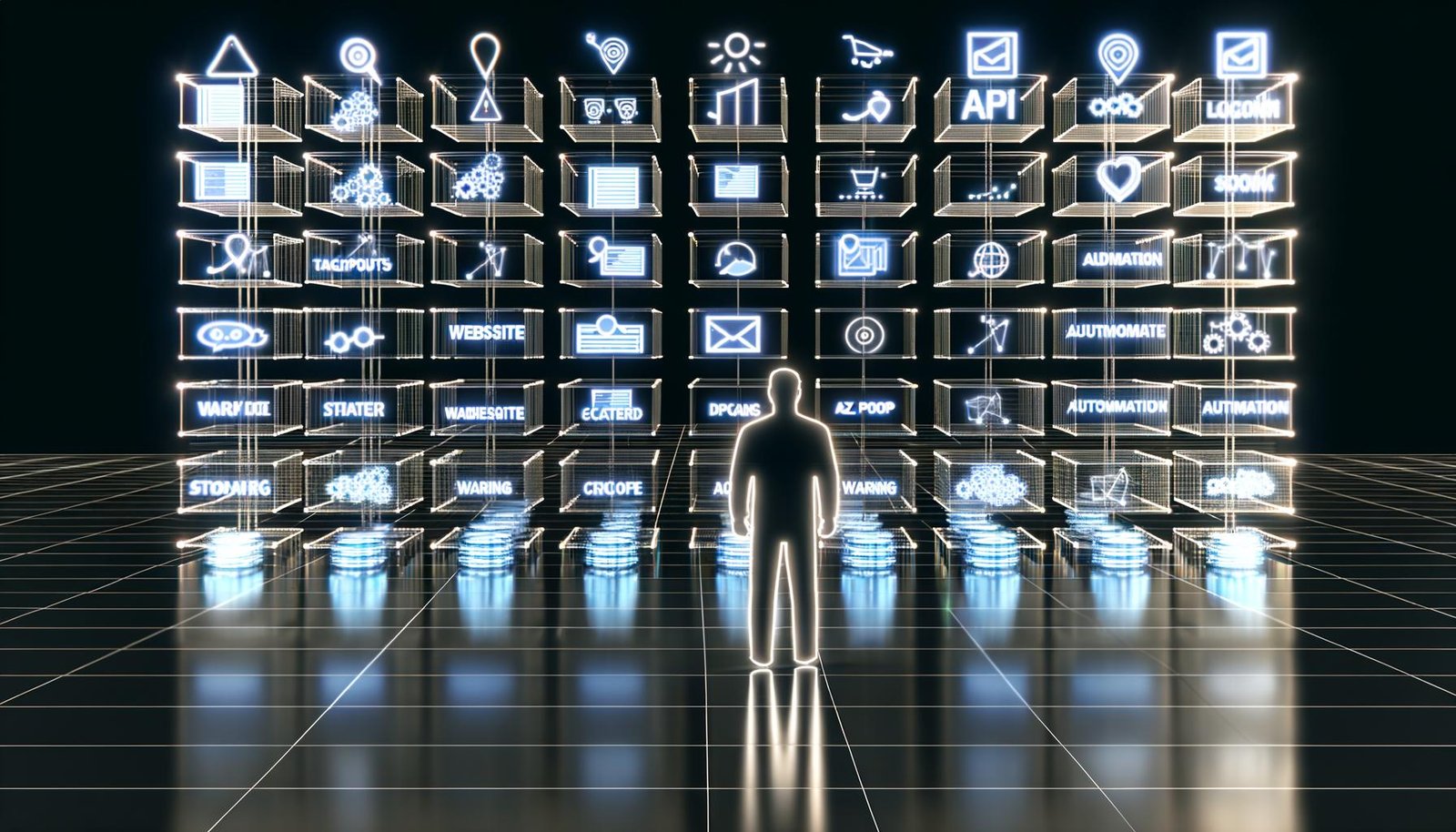 Modernes digitales Kontrollzentrum mit mehreren leuchtenden Datenebenen, zentraler Figur vor großen Bildschirmen, verbundenen Datenquellen, Zielgruppen-Symbolen, Touchpoints und Automatisierungssymbolen im futuristischen Stil.