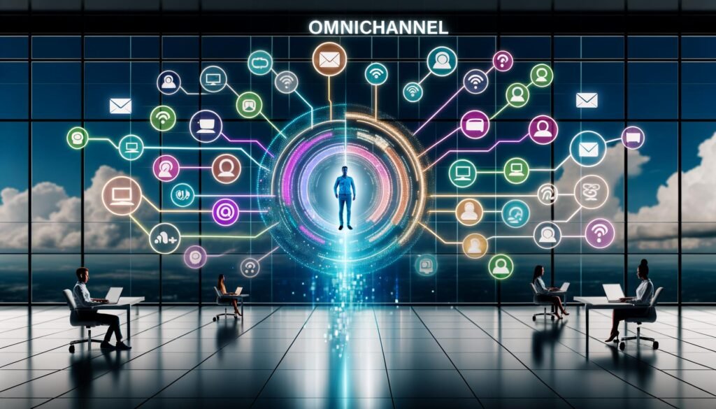 Modernes Büro mit digitalem Content Hub, Figuren am Laptop, viele bunte Datenströme führen zu Symbolen für Website, App, Social Media, Newsletter, Sprachassistent und Smart TV. Darüber schwebt das Wort Omnichannel in futuristischer Schrift.