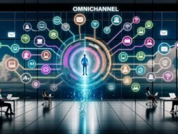 Modernes Büro mit digitalem Content Hub, Figuren am Laptop, viele bunte Datenströme führen zu Symbolen für Website, App, Social Media, Newsletter, Sprachassistent und Smart TV. Darüber schwebt das Wort Omnichannel in futuristischer Schrift.