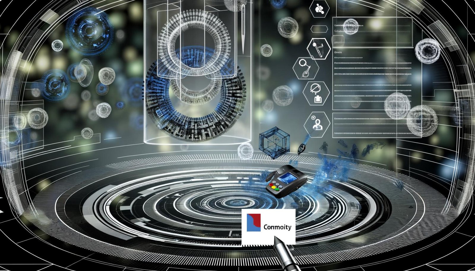 Virtueller Showroom mit Nutzern in VR-Headsets, die einen leuchtenden Payment-Funnel und Stripe-Logos in einer futuristischen 3D-Umgebung erleben.