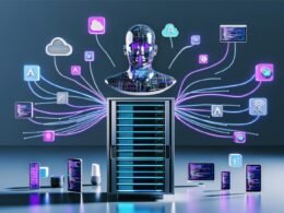 Dynamische Illustration eines Server-Racks mit kopfloser Glas-Büste, UI-Elementen, bunten API-Icons und verbundenen Geräten wie Smartphone, Tablet, Smartwatch und Kühlschrank in einer digitalen Zukunftsszene.