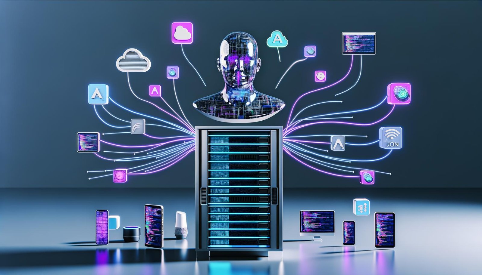 Dynamische Illustration eines Server-Racks mit kopfloser Glas-Büste, UI-Elementen, bunten API-Icons und verbundenen Geräten wie Smartphone, Tablet, Smartwatch und Kühlschrank in einer digitalen Zukunftsszene.