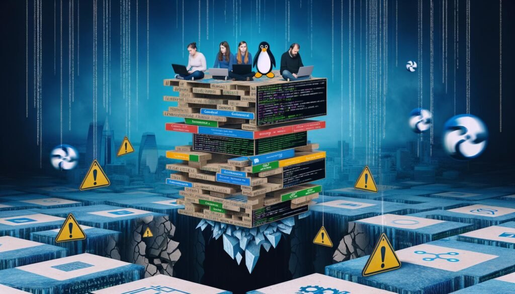 Metaphorische digitale Stadt auf einem fragilen Kartenhaus aus Code, getragen von Open-Source-Logos wie dem Linux-Pinguin und GitHub-Katze. Entwickler mit Laptops blicken besorgt auf Risse im Boden, umgeben von Warnsymbolen und Störungen in kühlen Blautönen.
