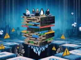 Metaphorische digitale Stadt auf einem fragilen Kartenhaus aus Code, getragen von Open-Source-Logos wie dem Linux-Pinguin und GitHub-Katze. Entwickler mit Laptops blicken besorgt auf Risse im Boden, umgeben von Warnsymbolen und Störungen in kühlen Blautönen.