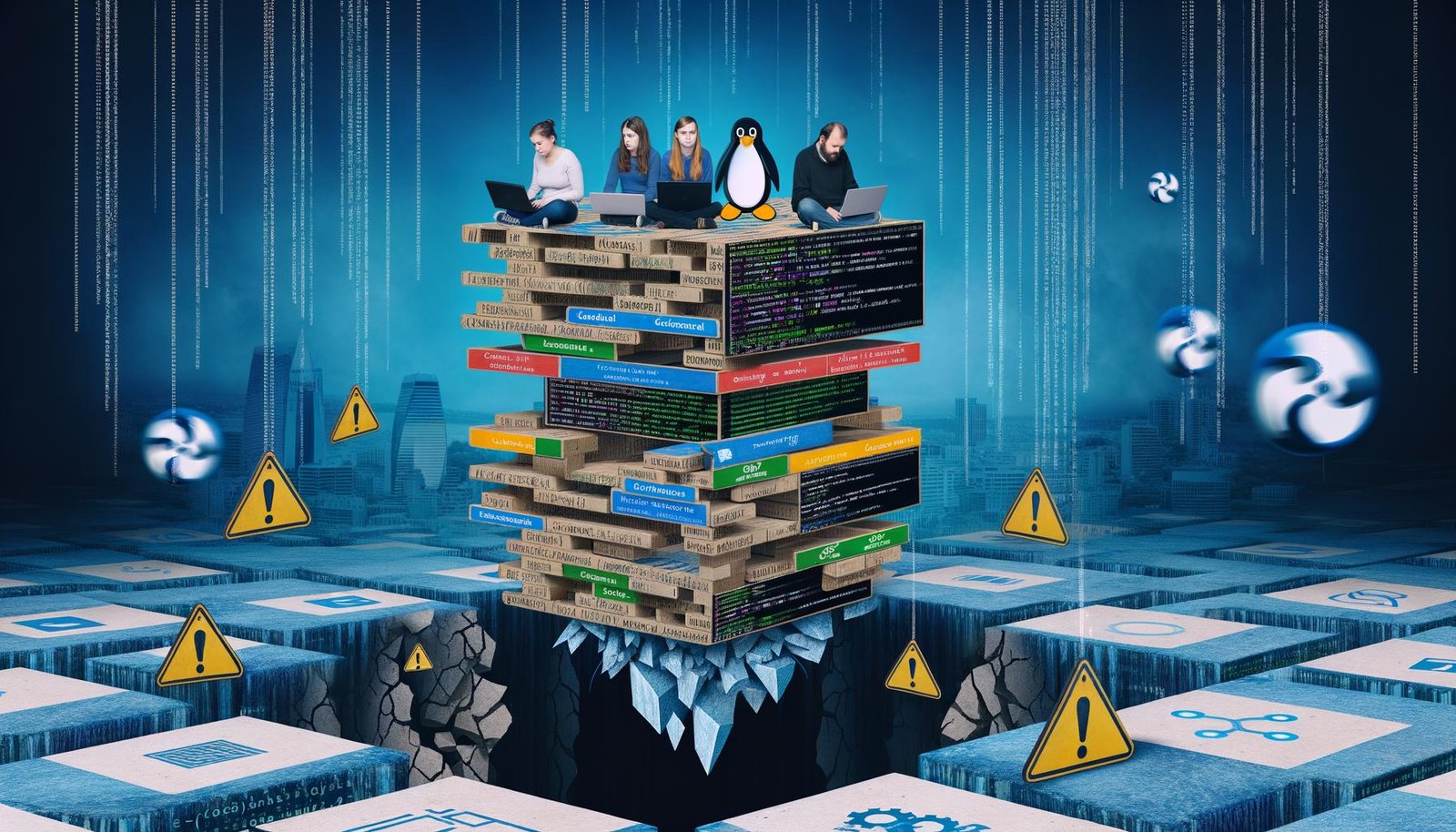 Metaphorische digitale Stadt auf einem fragilen Kartenhaus aus Code, getragen von Open-Source-Logos wie dem Linux-Pinguin und GitHub-Katze. Entwickler mit Laptops blicken besorgt auf Risse im Boden, umgeben von Warnsymbolen und Störungen in kühlen Blautönen.