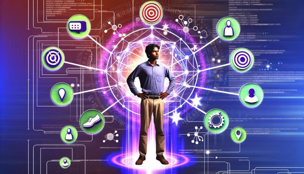 Person mit entschlossener Haltung an Datenknotenpunkt, umgeben von bunten Symbol-Clustern, leuchtenden Verbindungen und digitalen Dashboards im modernen Magazin-Stil.