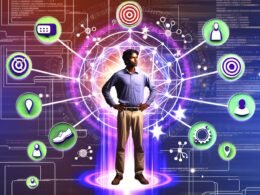 Person mit entschlossener Haltung an Datenknotenpunkt, umgeben von bunten Symbol-Clustern, leuchtenden Verbindungen und digitalen Dashboards im modernen Magazin-Stil.