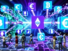 Illustration eines digitalen Shops über einem leuchtenden Blockchain-Netzwerk mit Stripe-Logo als Brücke zwischen traditionellen Zahlungsmethoden und Krypto-Symbolen sowie NFTs, umgeben von holografischen Nutzern mit digitalen Wallets.