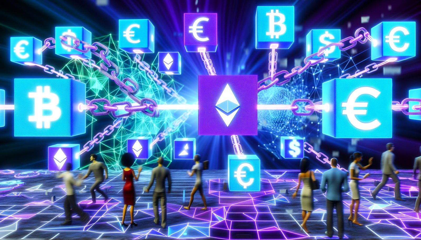 Illustration eines digitalen Shops über einem leuchtenden Blockchain-Netzwerk mit Stripe-Logo als Brücke zwischen traditionellen Zahlungsmethoden und Krypto-Symbolen sowie NFTs, umgeben von holografischen Nutzern mit digitalen Wallets.