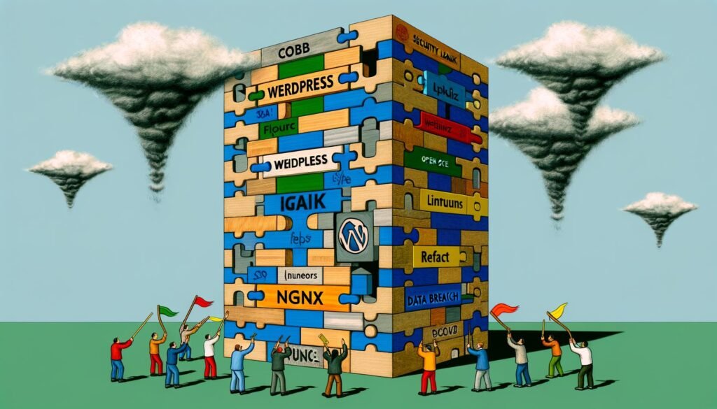 Metaphorische Illustration eines wackeligen Internet-Wolkenkratzers aus Open-Source-Puzzleteilen mit gestressten Entwicklern und feiernden Geschäftsleuten.