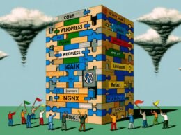 Metaphorische Illustration eines wackeligen Internet-Wolkenkratzers aus Open-Source-Puzzleteilen mit gestressten Entwicklern und feiernden Geschäftsleuten.