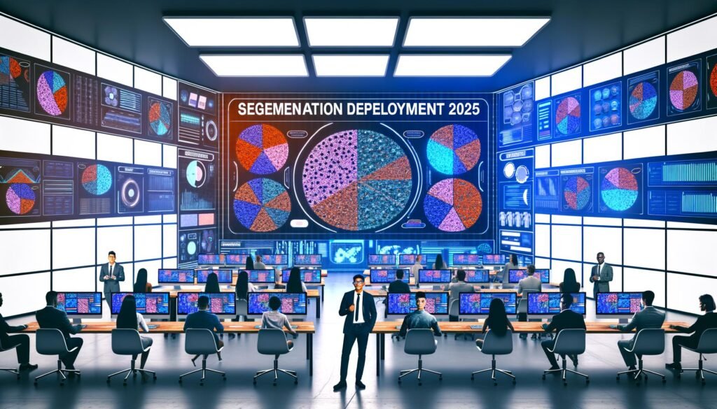 Futuristisches Marketing-Büro mit modernen digitalen Dashboards, bunten Segmentierungs-Clustern und fokussierten Marketers bei der Analyse von Zielgruppen.