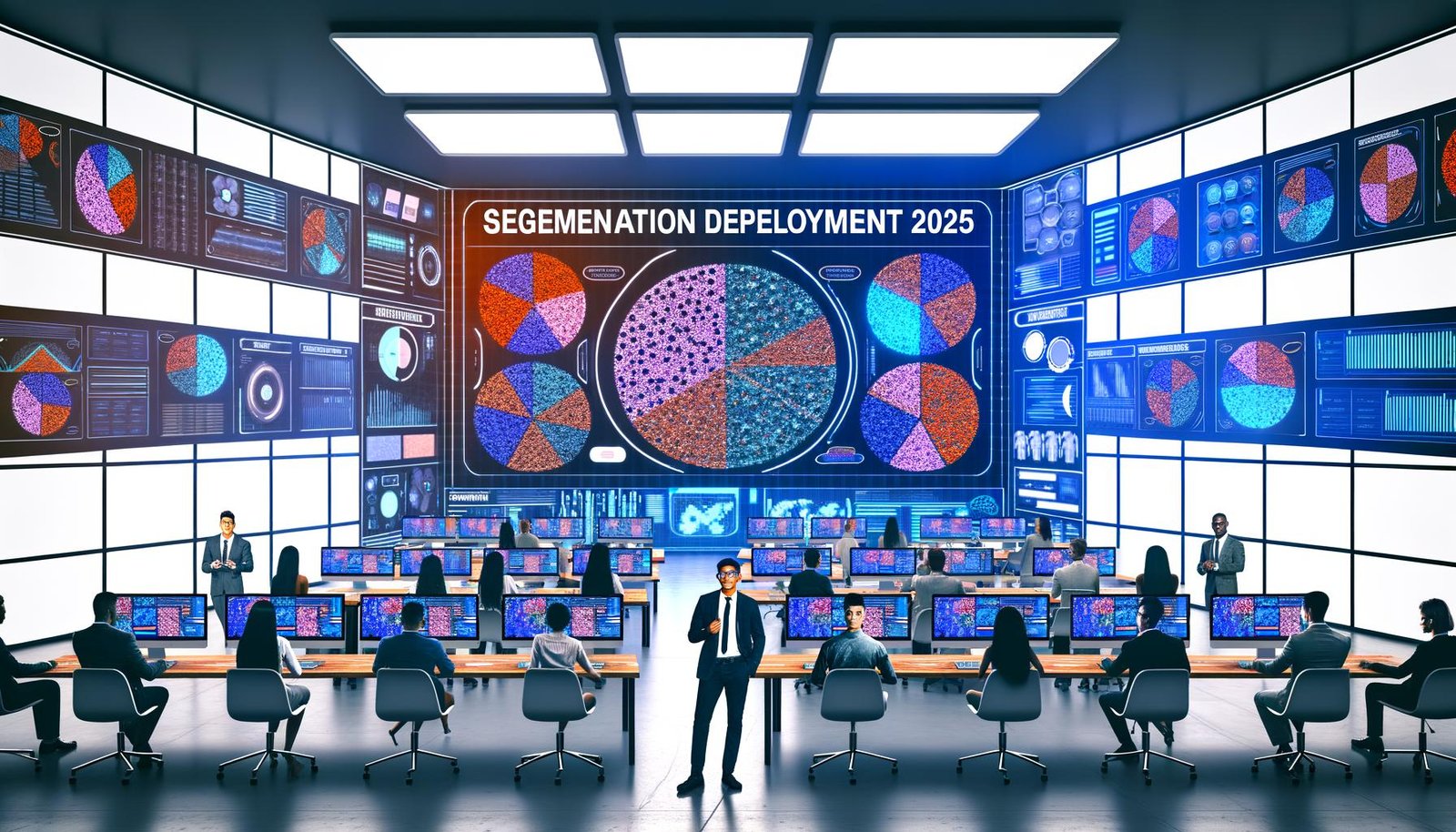 Futuristisches Marketing-Büro mit modernen digitalen Dashboards, bunten Segmentierungs-Clustern und fokussierten Marketers bei der Analyse von Zielgruppen.