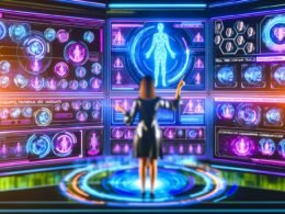 Futuristische Marketingzentrale mit Datenströmen, Marketerin interagiert per Handgestik mit Dashboards und holographischen Avataren.