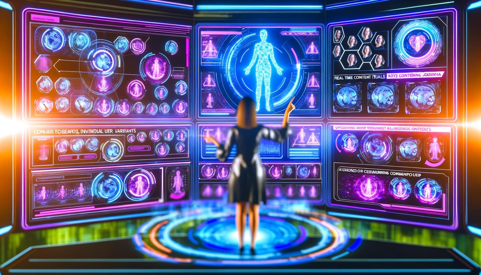 Futuristische Marketingzentrale mit Datenströmen, Marketerin interagiert per Handgestik mit Dashboards und holographischen Avataren.