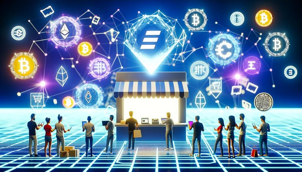 Futuristischer digitaler Marktplatz mit Stripe-Web3-Checkout, Zahlungsoptionen in ETH, USDC und Krypto, NFTs und Smart Contracts, Menschen bedienen Smartphones und Laptops, digitale Wallets, QR-Codes und holografische Buttons.