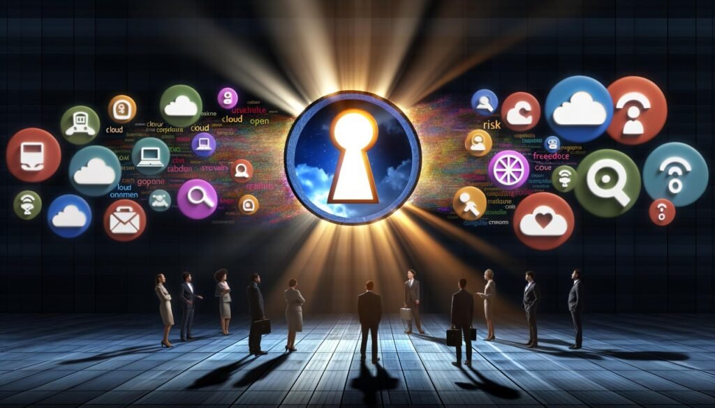 Stylische Szene mit übergroßem Schlüsselloch im Tech-Büro, dahinter bunte Open-Source-Logos wie GitHub und WordPress, goldene Fäden verbinden einige Logos. Im Vordergrund stehen nachdenkliche Geschäftsleute und Entwickler, beleuchtet von den Neonschriftzügen ‚Freiheit‘ und ‚Risiko‘.