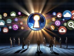 Stylische Szene mit übergroßem Schlüsselloch im Tech-Büro, dahinter bunte Open-Source-Logos wie GitHub und WordPress, goldene Fäden verbinden einige Logos. Im Vordergrund stehen nachdenkliche Geschäftsleute und Entwickler, beleuchtet von den Neonschriftzügen ‚Freiheit‘ und ‚Risiko‘.