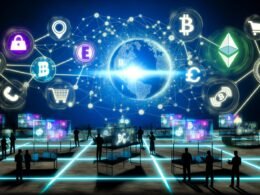 Futuristischer E-Commerce-Marktplatz mit schwebenden Web3-Symbolen wie Stripe, NFTs und Smart Contracts über einem leuchtenden Blockchain-Netzwerk, verblasste klassische Payment-Logos im Hintergrund, alarmierte Vorstände im Schatten.