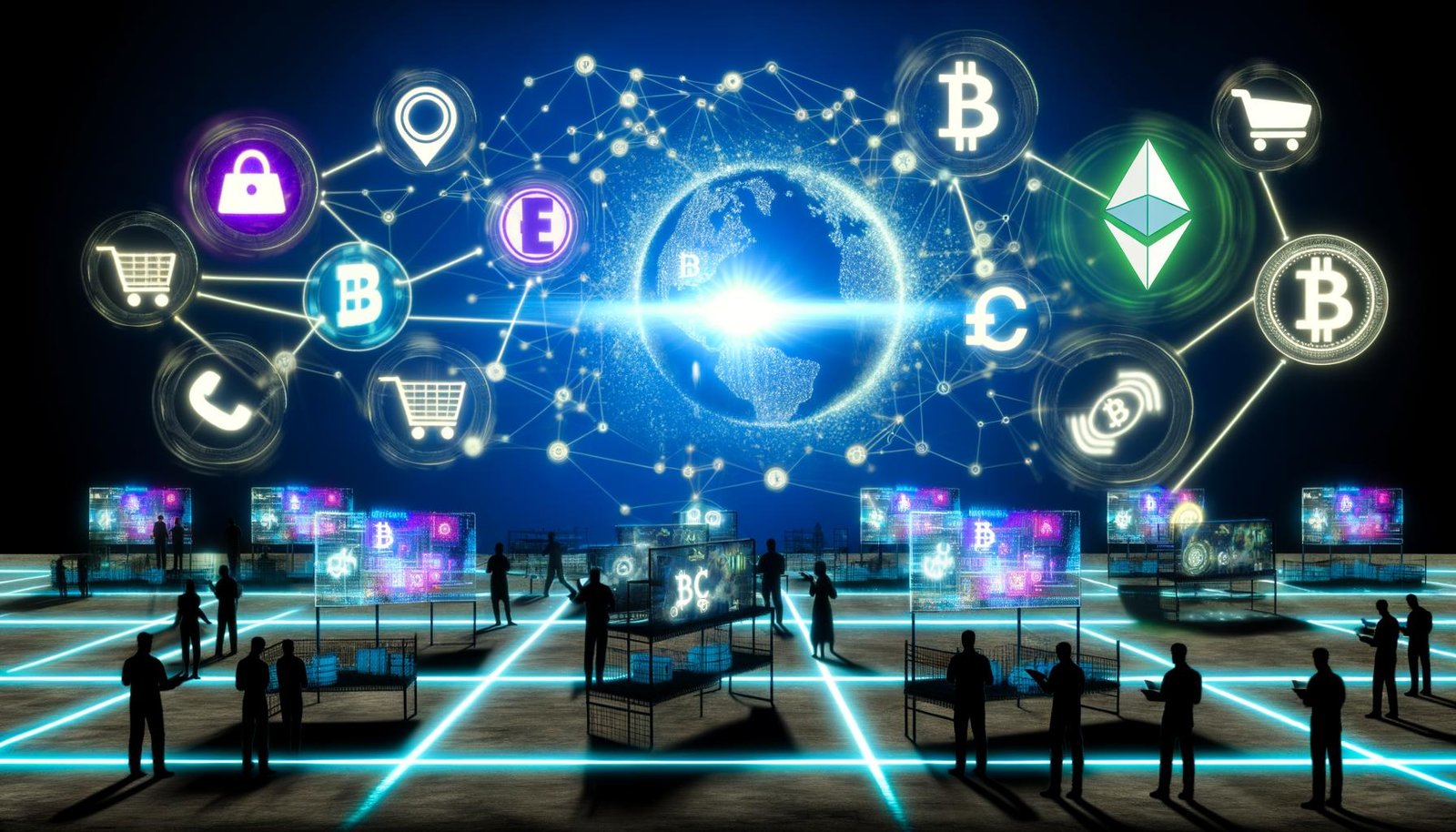 Futuristischer E-Commerce-Marktplatz mit schwebenden Web3-Symbolen wie Stripe, NFTs und Smart Contracts über einem leuchtenden Blockchain-Netzwerk, verblasste klassische Payment-Logos im Hintergrund, alarmierte Vorstände im Schatten.