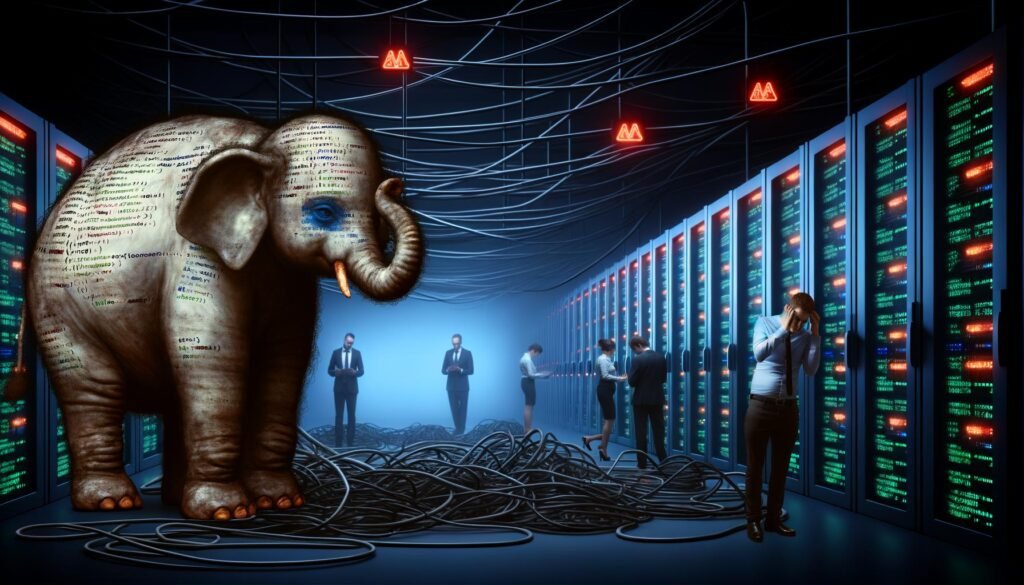 Serverraum im Halbdunkel mit verkabelten Racks, einem aufgedunsenen Elefantenbaby mit Code-Schnipseln als Haut, das auf Kabeln balanciert, umgeben von wegsehenden Anzugträgern, Rauch und roten Warnlichtern.