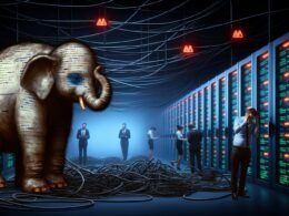 Serverraum im Halbdunkel mit verkabelten Racks, einem aufgedunsenen Elefantenbaby mit Code-Schnipseln als Haut, das auf Kabeln balanciert, umgeben von wegsehenden Anzugträgern, Rauch und roten Warnlichtern.